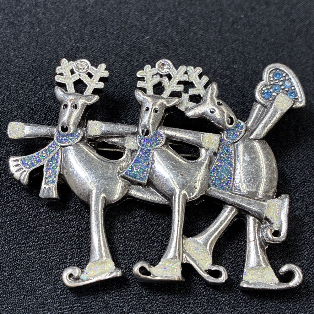 KC Kenneth Cole Brooch Silver Pin Ice Skating Reindeer Blue Sparkle Christmas
